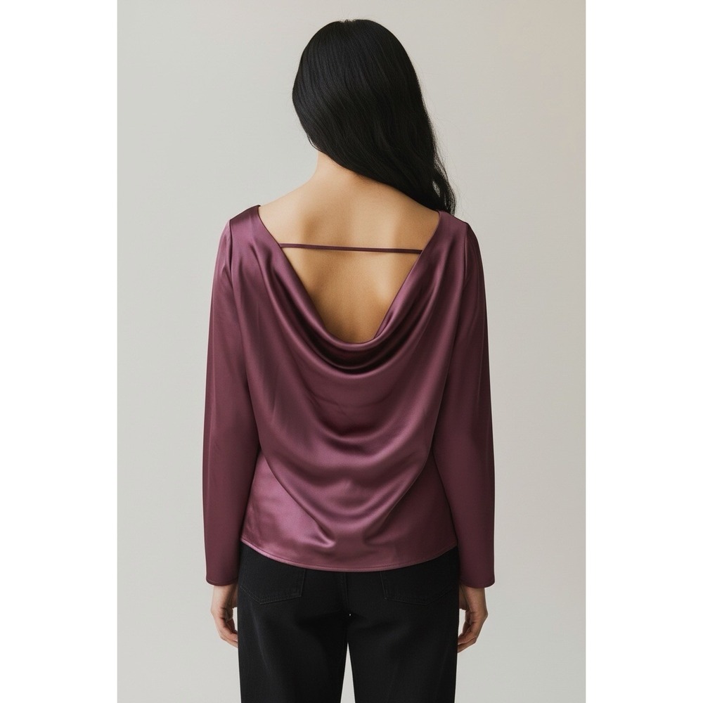 Abercrombie & Fitch Womens Long Sleeve Satin Cowl Back Top Sz L Burgundy New